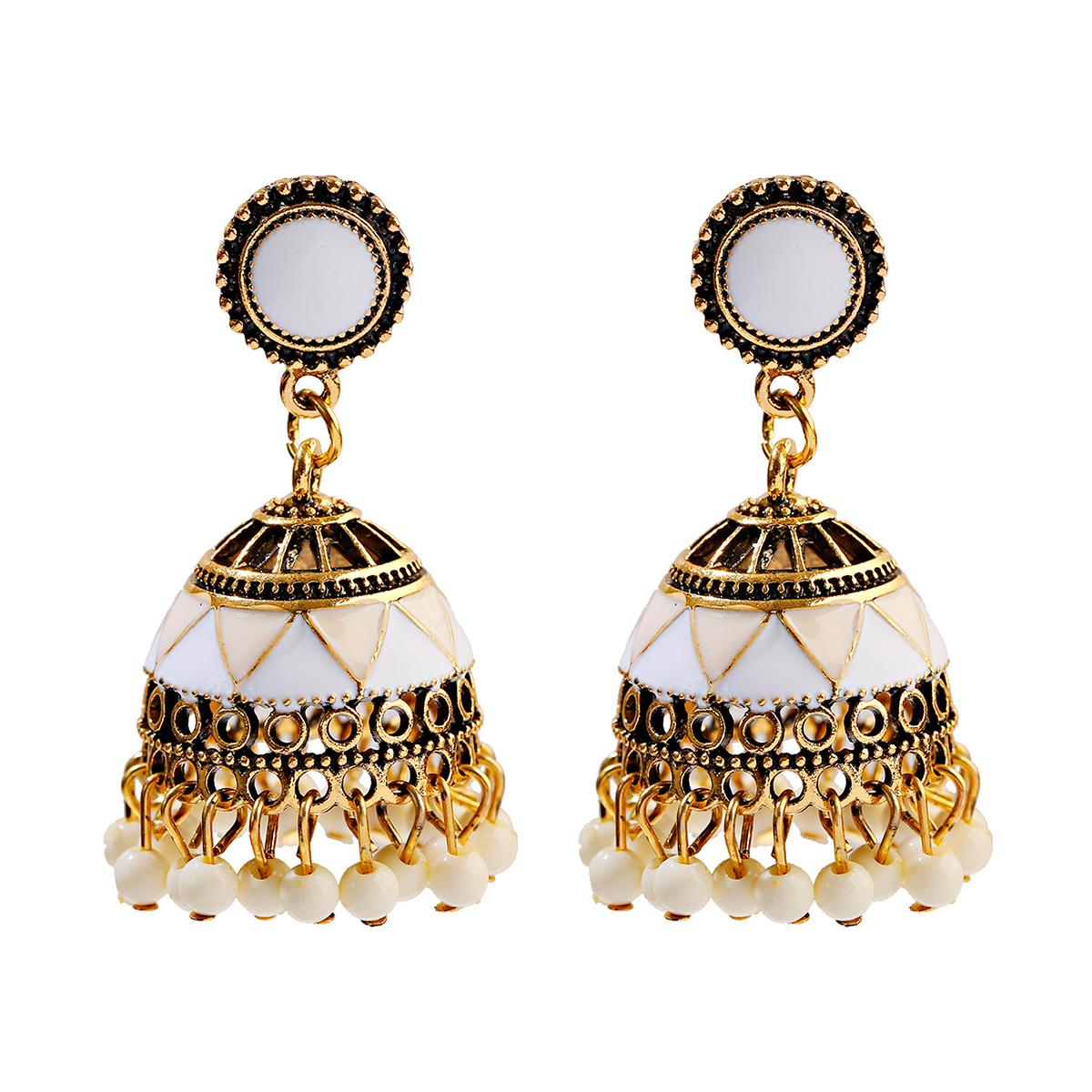 Douvei Fashion 14K Gold Plated Bohemian Drop Enamel Pave Women Boho Stud Earrings Vintage Classic Jewelry Bell Shape Anniversary белый