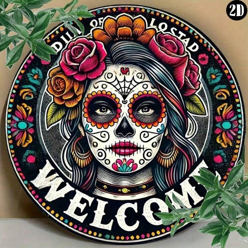 Vintage Tin Metal Art Decor Sugar Skull Wreath Sign Home Outdoor Wall Hanging