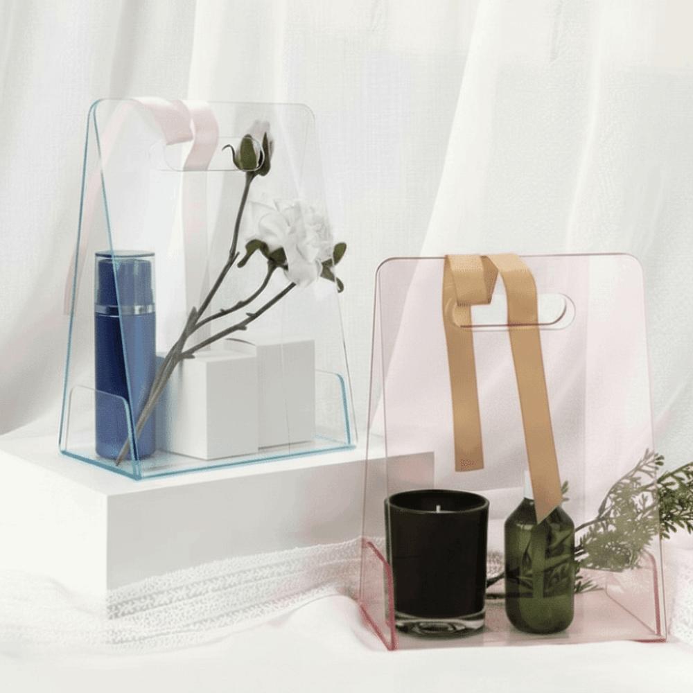 Acrylic Handheld Flower Box Transparent Reusable Gift Wrapping Bags Decorative Vase with Handles Handbag For Bridesmaid Wedding