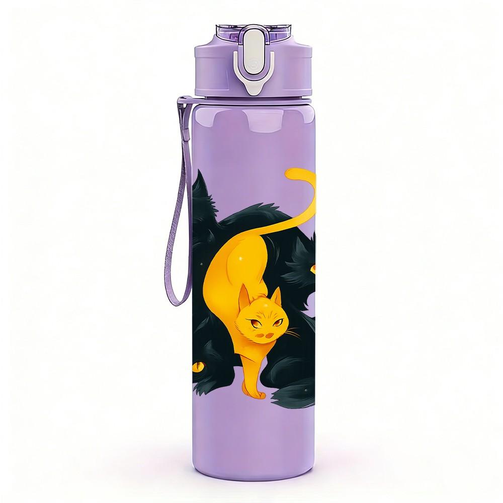 1PC Dual Black Yellow Cats Art 750ml Color Plastic Sports Water Bottle Leakproof Flip Straw Lid Suitable for Sports Office Home Use