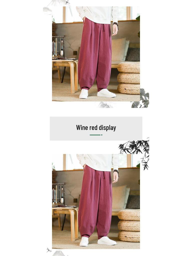 Men's Chinese Style Tai Chi Wide-Leg Pants: Spring/Autumn Martial Arts Cotton-Linen Bloomers