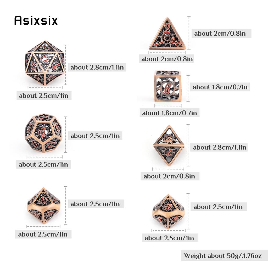 7 Pcs Copper Red Rotary Cyclone Metal Dice Hollow Metal Polyhedral Dice Set Suitable for Role-Playing RPG  Board Game Card Game