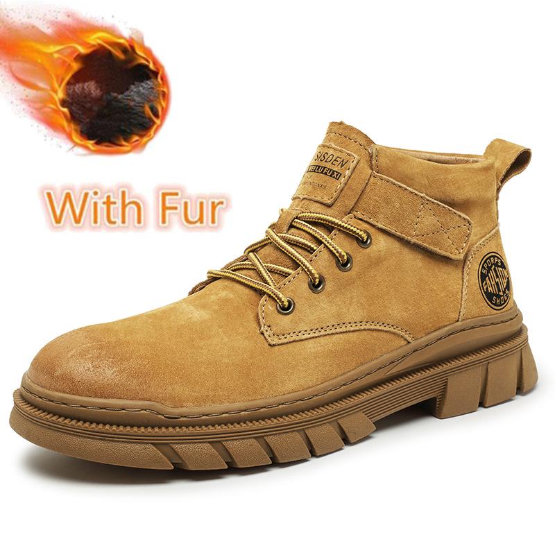 Fashion Genuine Leather Mens Biker Boots Man Non-Slip Retro Men's High Top Shoes British Style Botas Warm Plush Fur Winter Ankle Boots