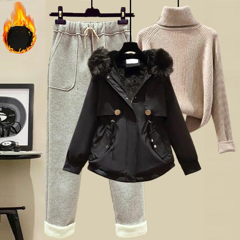 Women's Winter Suit Parker Jacket   Woolen Casual Pants + Turtleneck Sweater Fashion Three-piece Suit Women