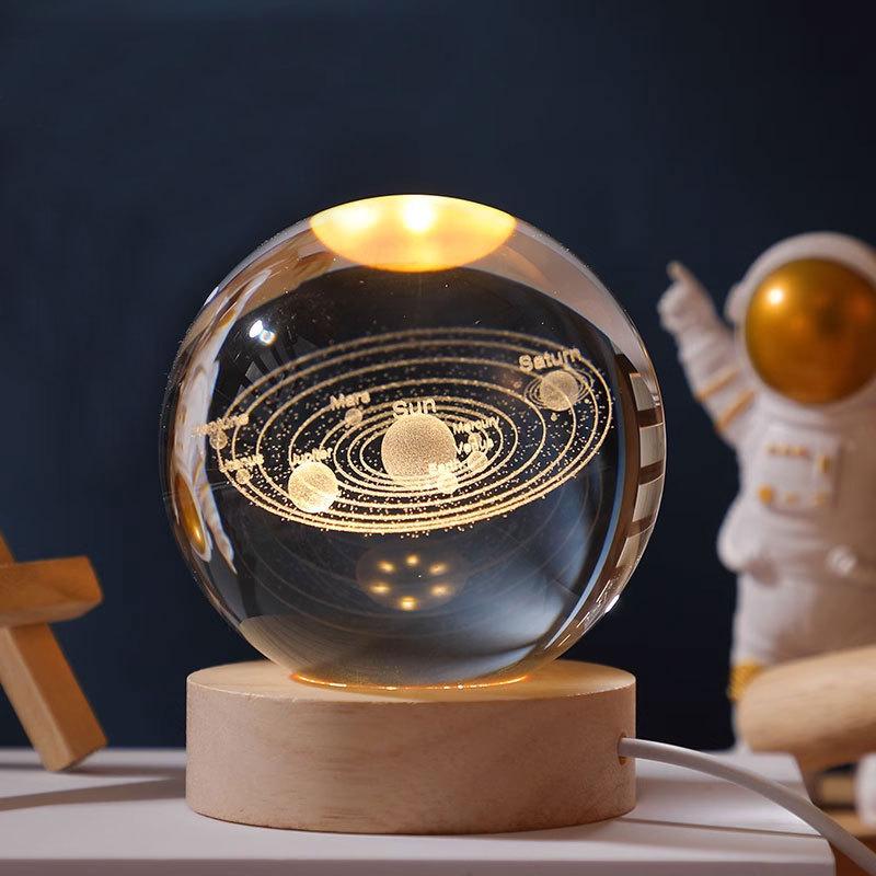 8cm Crystal Ball Night Light Galaxy 3D Laser Engraved Ornament Wooden Galaxy Night Lamp