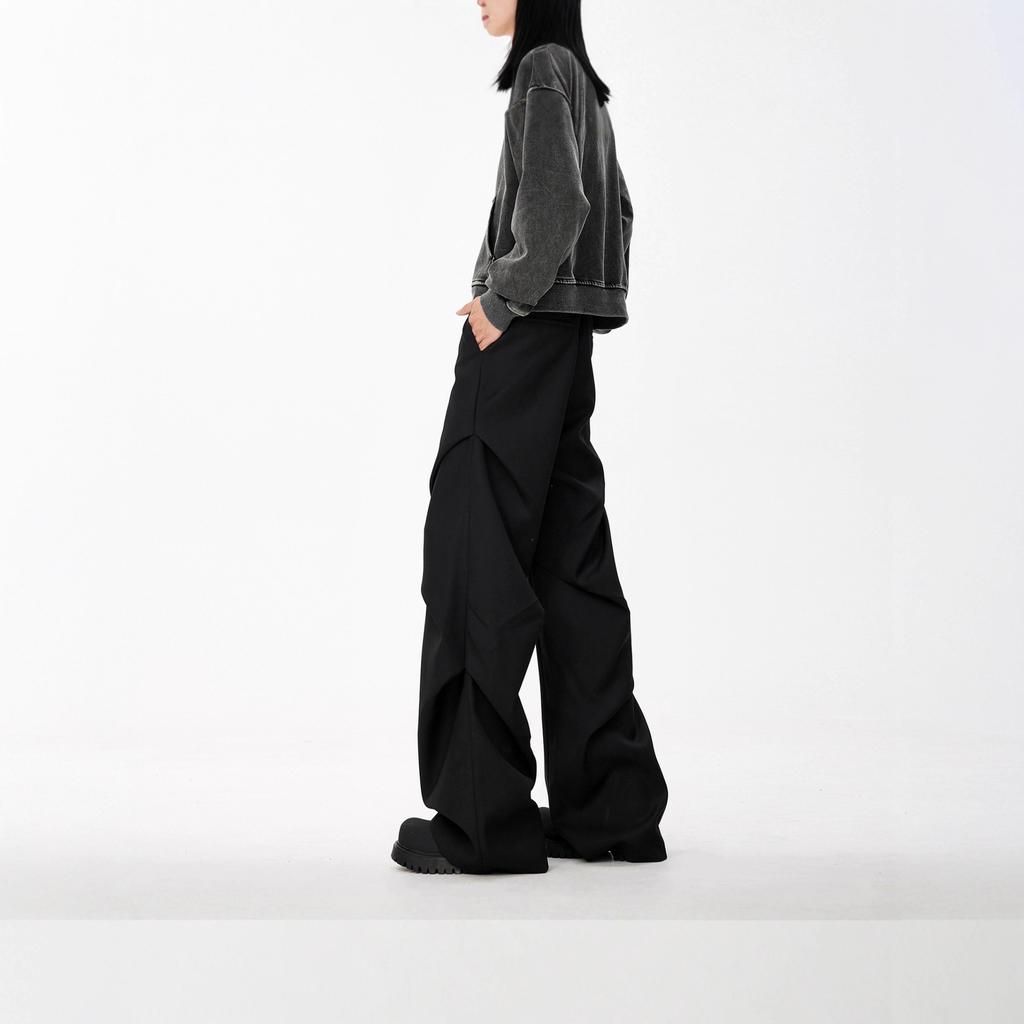 American niche pleated high-end black trousers men's loose straight drape micro-pull youth casual pants