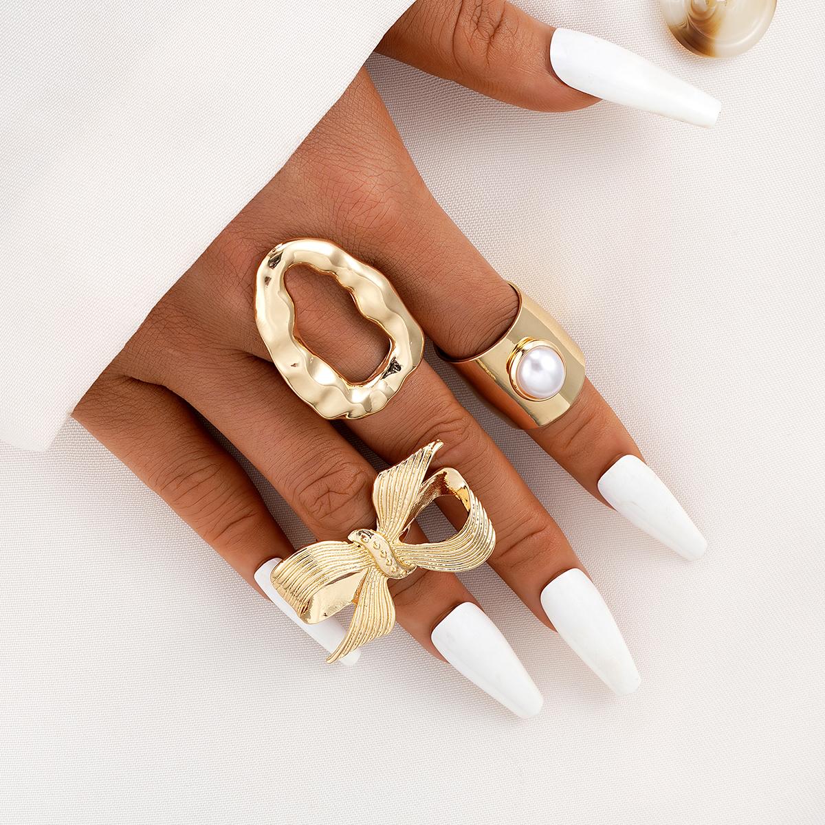 

New 3Pcs/Set Geometric Bowknot Open Rings for Women Vintage Punk Irregular Gold Color Imitation Pearl Rings Sets Fashion Jewelry