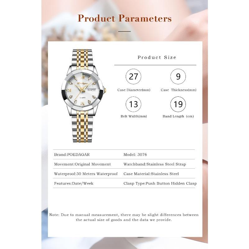 POEDAGAR Luxury Ladies Wristwatch Luminous Waterproof Date Week Woman Dress Watches Stainless Steel Watch Quartz Clock+Box