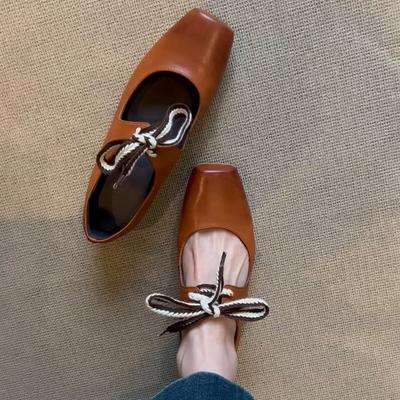 Sheepskin Version~ Square Head Retro Lace-up Ballet Shoes Women's Skirt Literary Mary Jane Small Leather Shoes Thick Heel Single Shoes