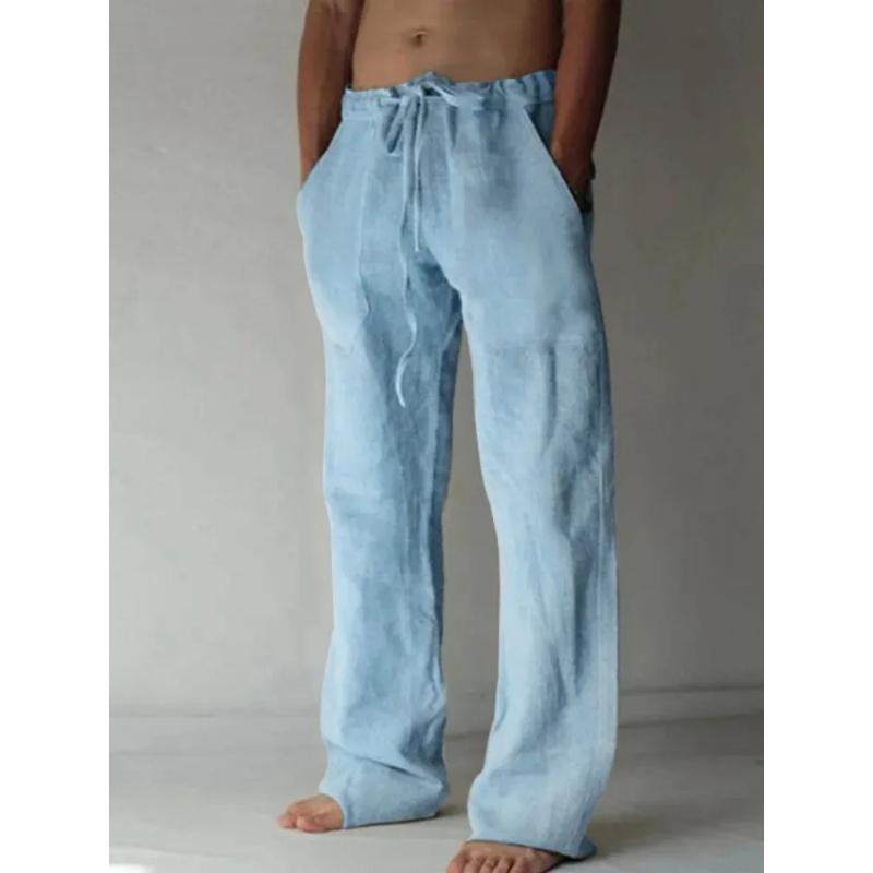 Men's Cotton Linen Long Pants Summer Solid Color Breathable Linen Trousers Male Casual Elastic Waist Casual Pants Harajuku Trous