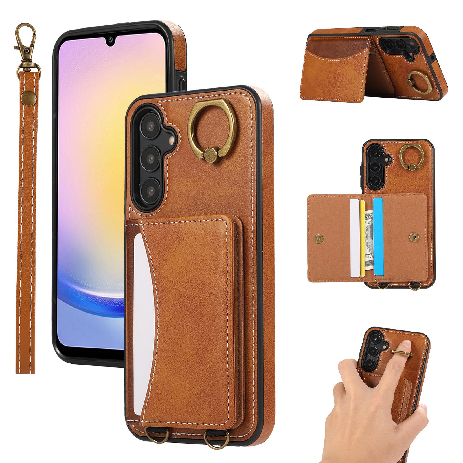 

For Samsung Galaxy A24 4G (162.1x77.6x8.3mm) PU Leather Back Case Card Holder Kickstand Phone Cover with Wrist Strap A