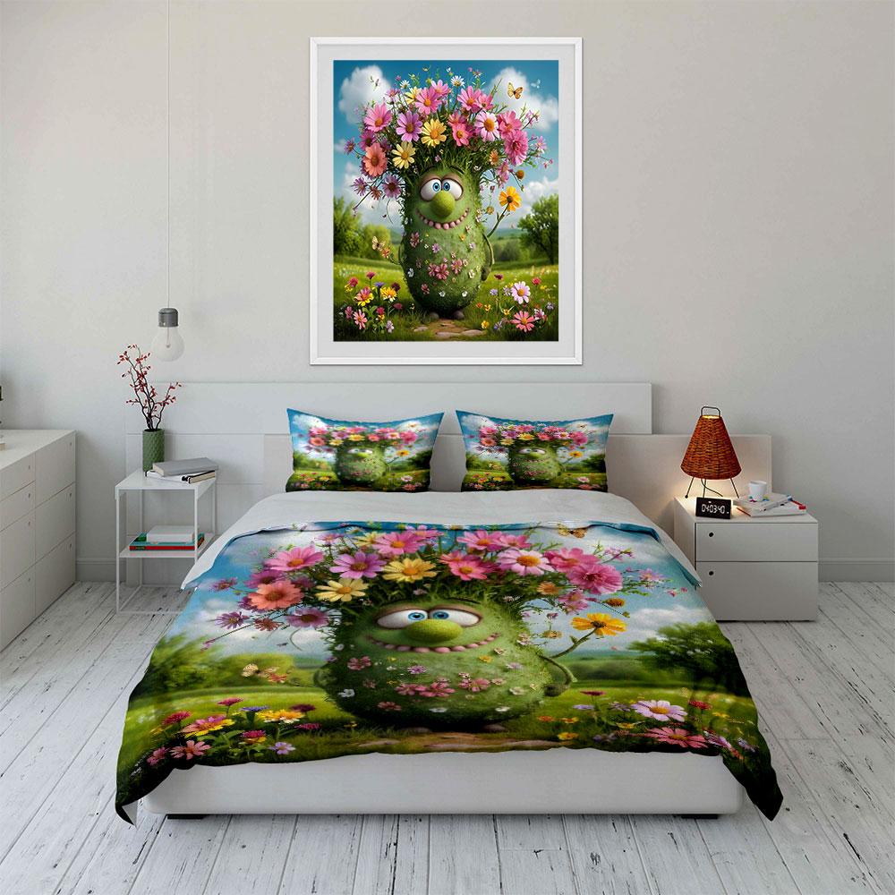 Green Plant-Like Creature Surrounded Flowers Printed Duvet Cover Set 1Duvet Cover 2Pillowcase Multi Size Bedroom Bedding Decor