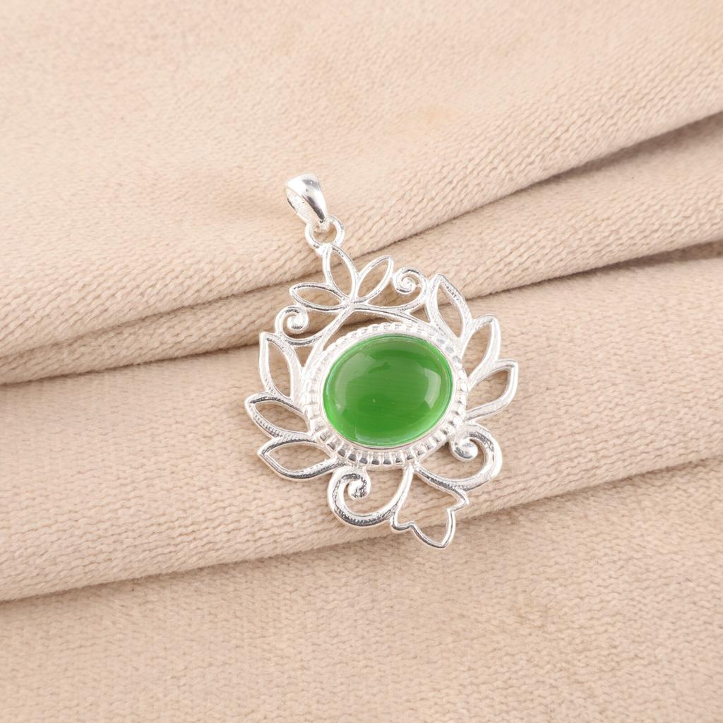 Green Cat's Eye Gemstone 925 Fine Silver Jewelry Handmade Chain Pendant For Gift CP-1-44