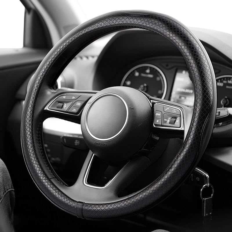 K KNODEL Universal Fit Steering Wheel Cover, Microfiber Leather Car Steering Wheel Cover, Anti-Slip Car Wheel Protector, 15 Inch (Black)