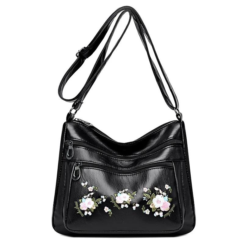 Fashion PU Leather Luxury Multi-pocket Handbags High Quality Women's Bag Flower Embroidery Design Ladies Crossbody Shoulder Bags