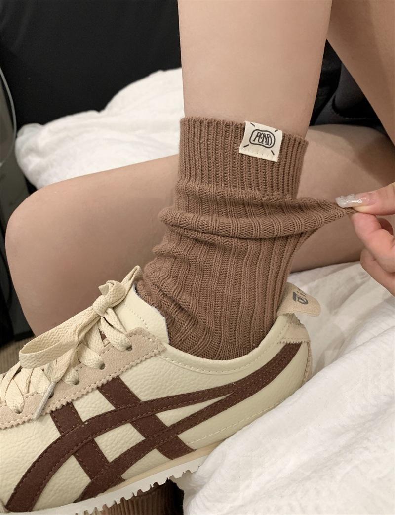 

Thick Thread Solid Color Cloth Label Stacking Socks Knitted Snow Boots Socks Pure Cotton Medium Tube Socks Wool Socks One size fits all кавовий