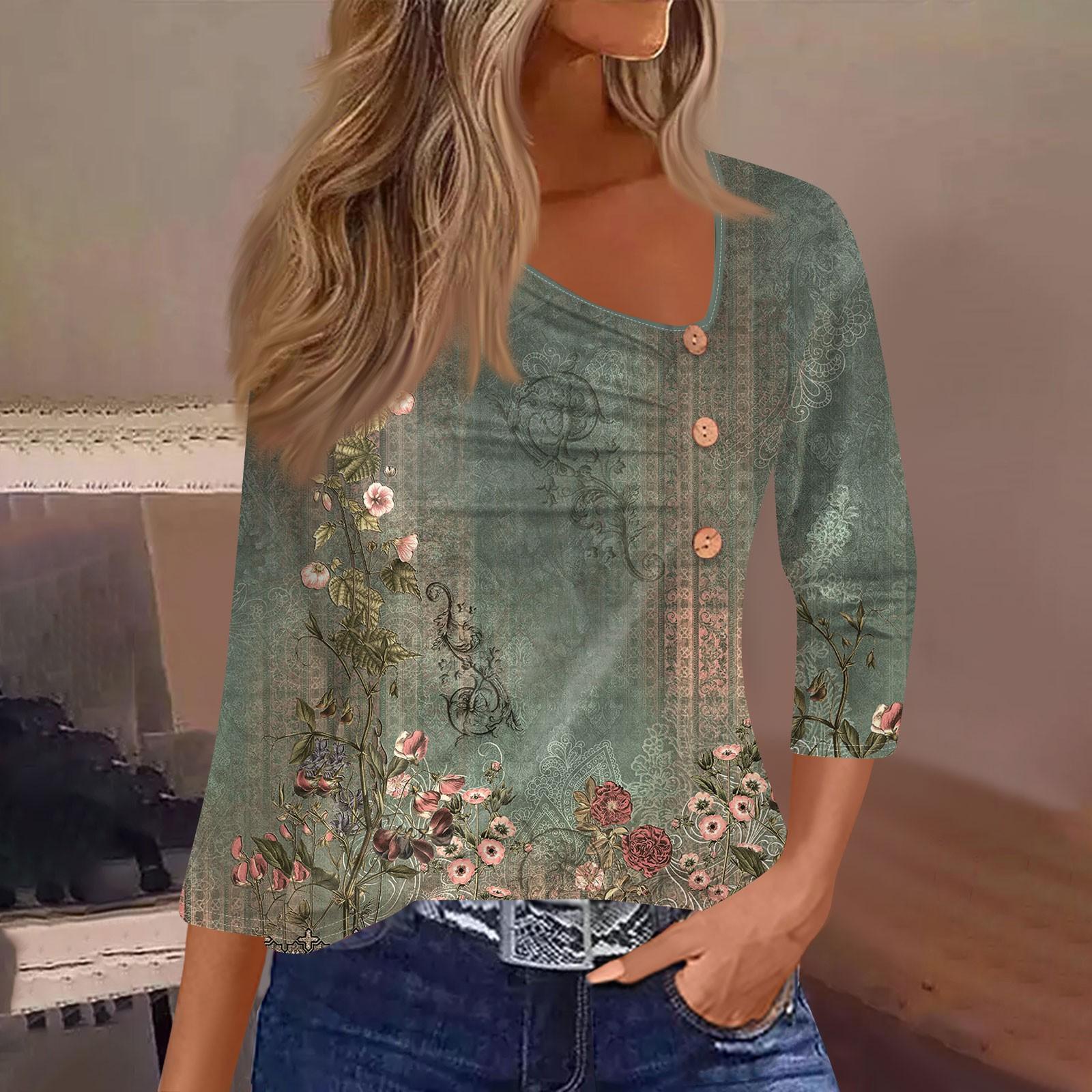 Жен. Футболка Футболка С принтом Пуговицы Рукав 3/4 Повседневные Выходные Мода — фото 5