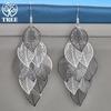 925 Sterling Silver Woman Layered Hollow Leaves Tassel Long Drop Earrings Jewelry