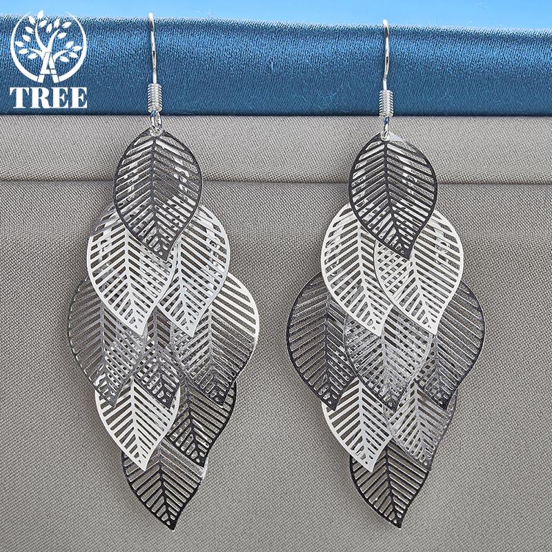 925 Sterling Silver Woman Layered Hollow Leaves Tassel Long Drop Earrings Jewelry