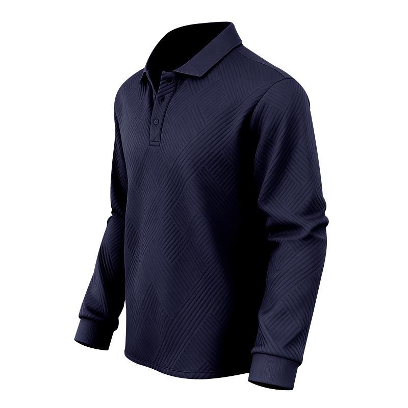 New Men's Solid-Colour Relaxed-Fit Casual Polo Shirt Long-Sleeved Button-Down Collar Jacquard Textured Sweatshirt