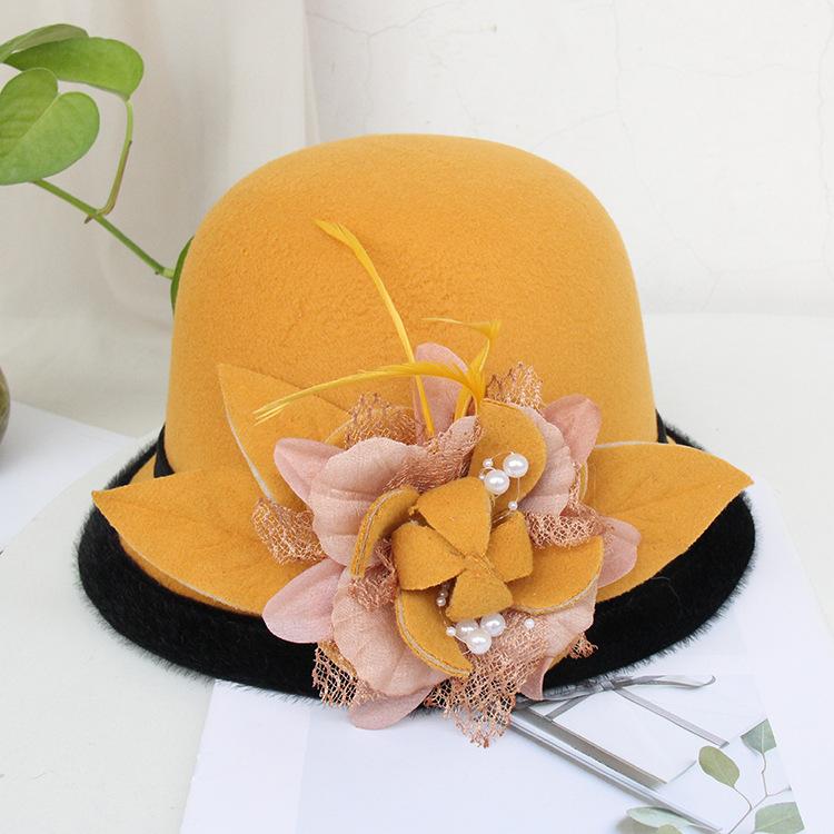 Hat Women's Autumn and Winter New Black Woolen Hat Casual Warm Bucket Hat British Feather Flower Top Hat