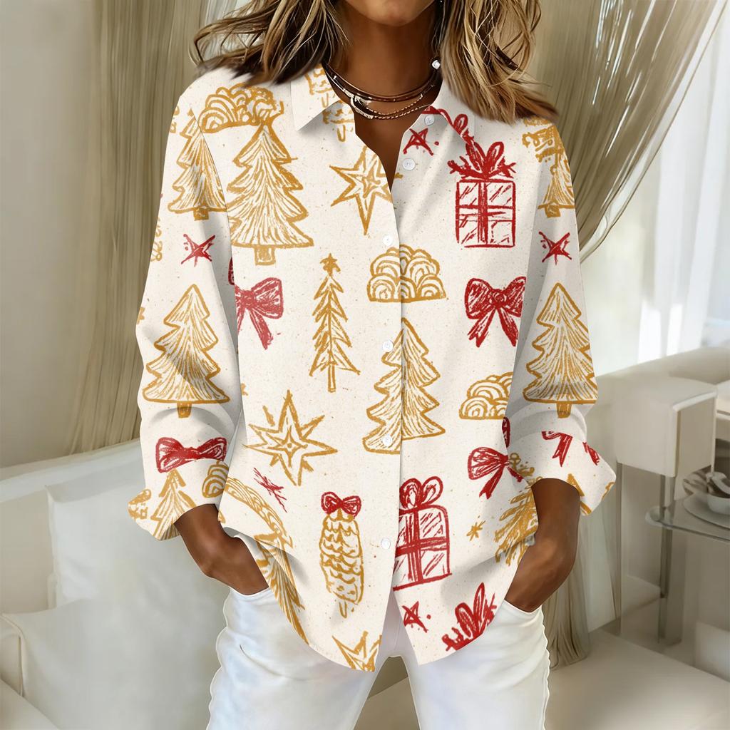 Women's Casual Christmas Print Long Sleeve Cardigan Top for Holiday Festive Wear
