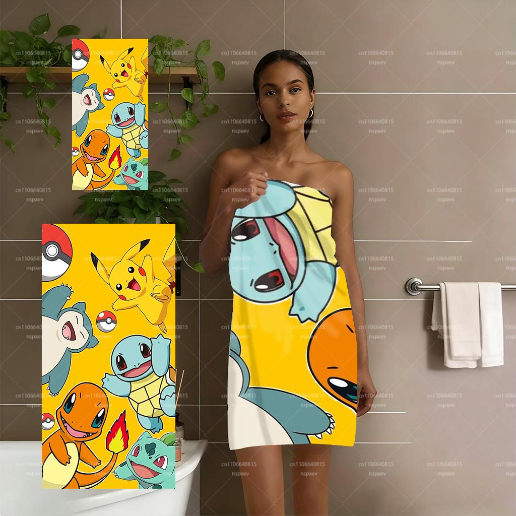 Pokemon Cartoon Beach Towel, Soft Absorbent Quick Dry Bath Towel, Cute Pikachu Charmander Print Swim Towel, Kids Gift, Flat Prin