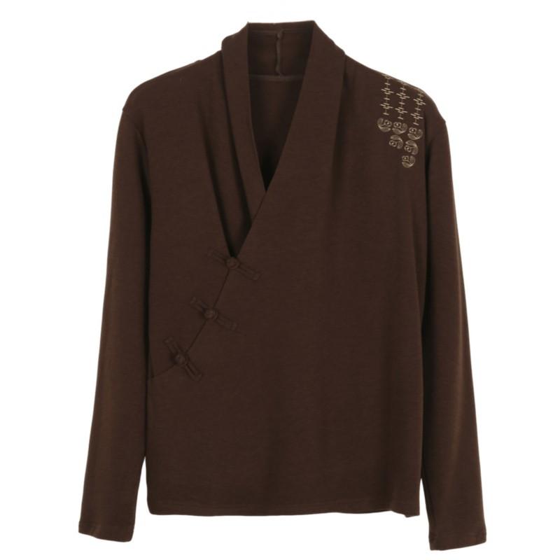 Johnature Women Chinese Style Knitted Shirts Tops V-Neck Long Sleeve Embroidery Floral Autumn Soft Button Blouses