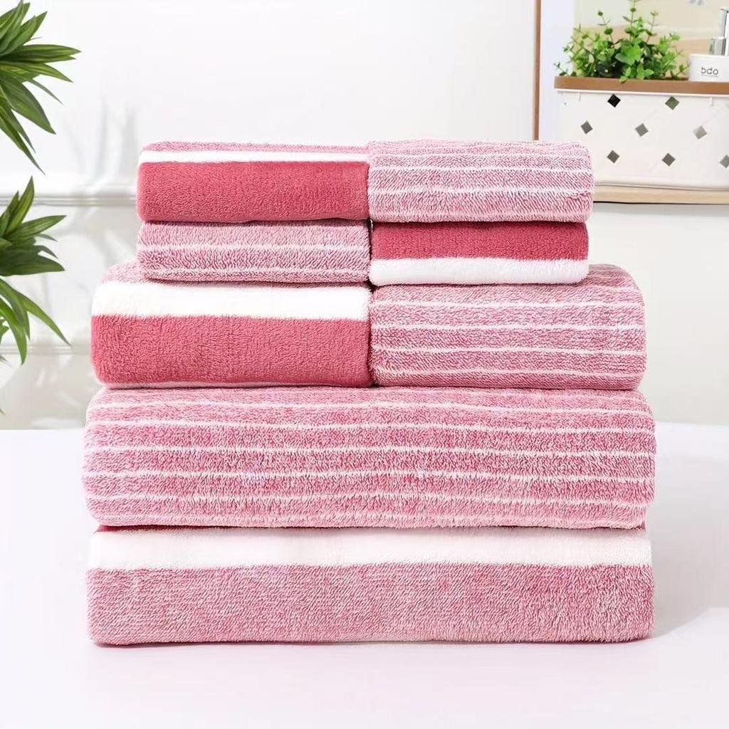 8-teiliges Korallenfleece Streifen Handtuch-Set - Für den Heimgebrauch, Dick, Wasserabsorbierend, Kein Fusseln.