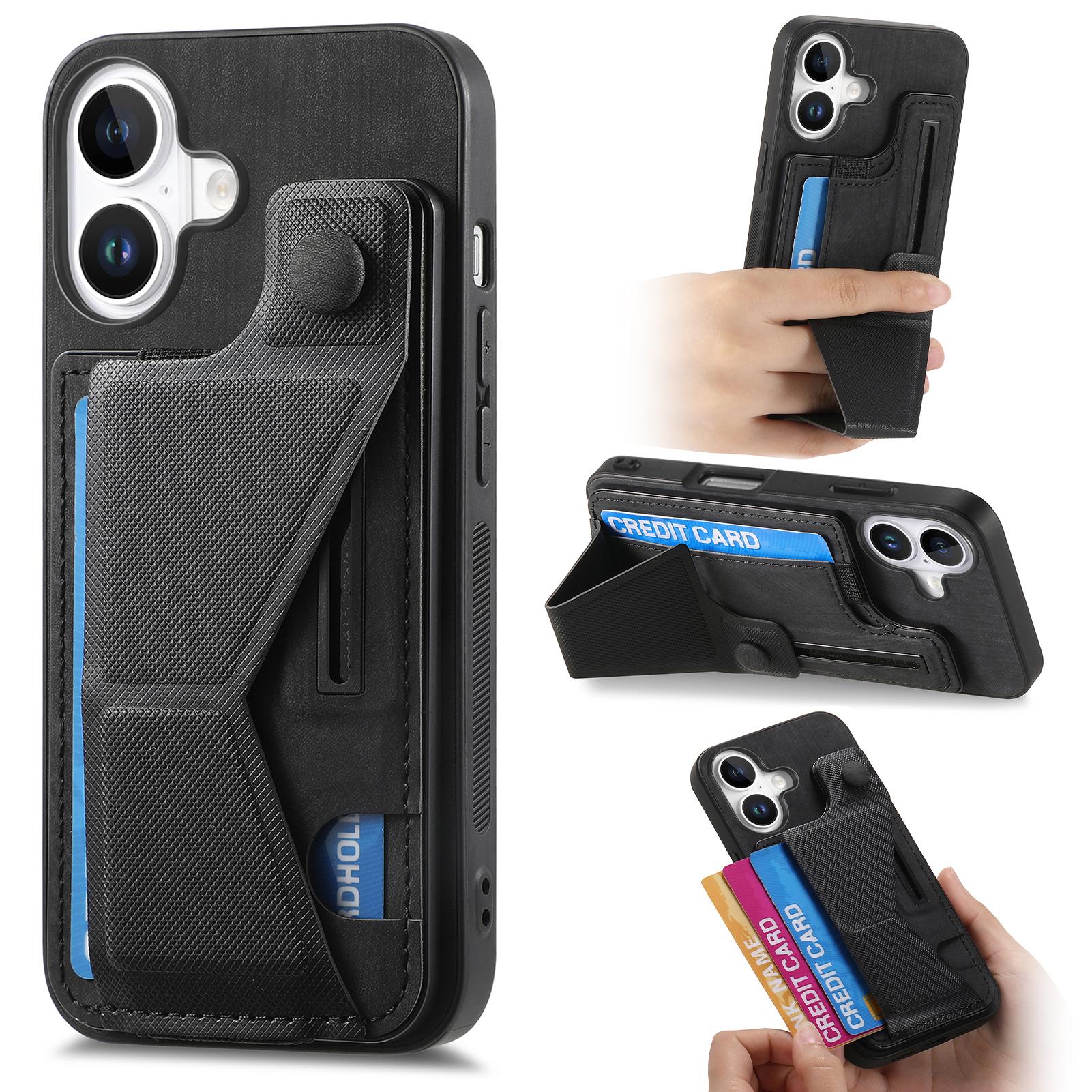 

For iPhone 16 Plus Case Retro Leather Back Cover Card Slot Side Kickstand Black