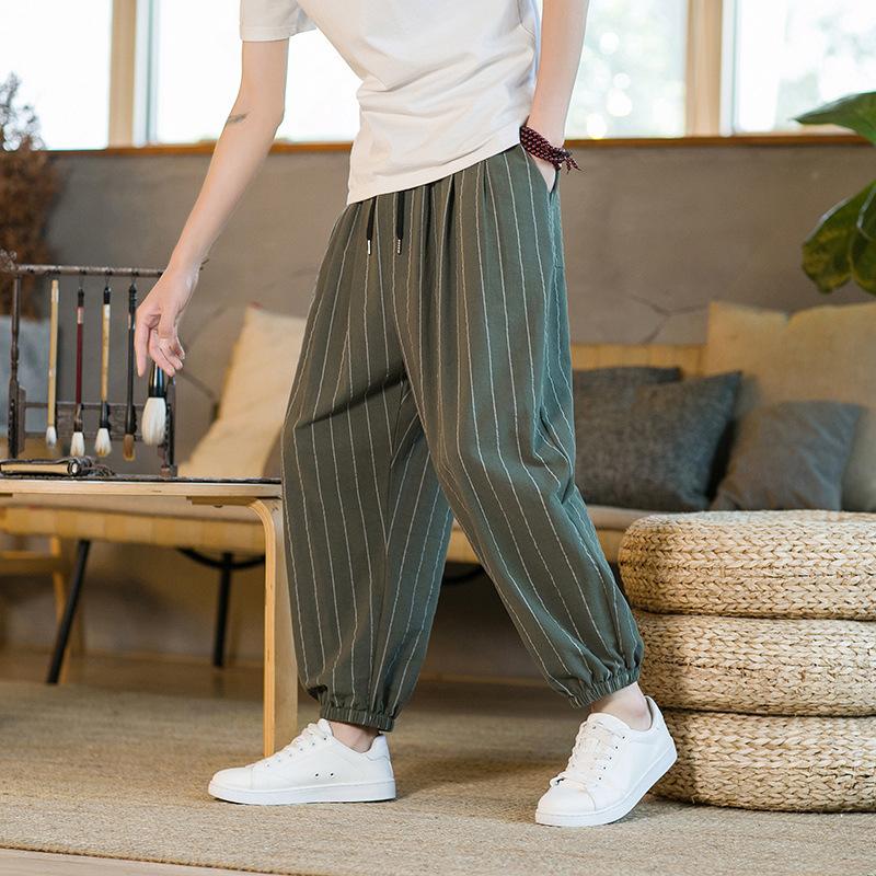 Summer New Large Size Men's Cotton and Linen Striped Nine-point Pants Men's Fashion Chinese Pants