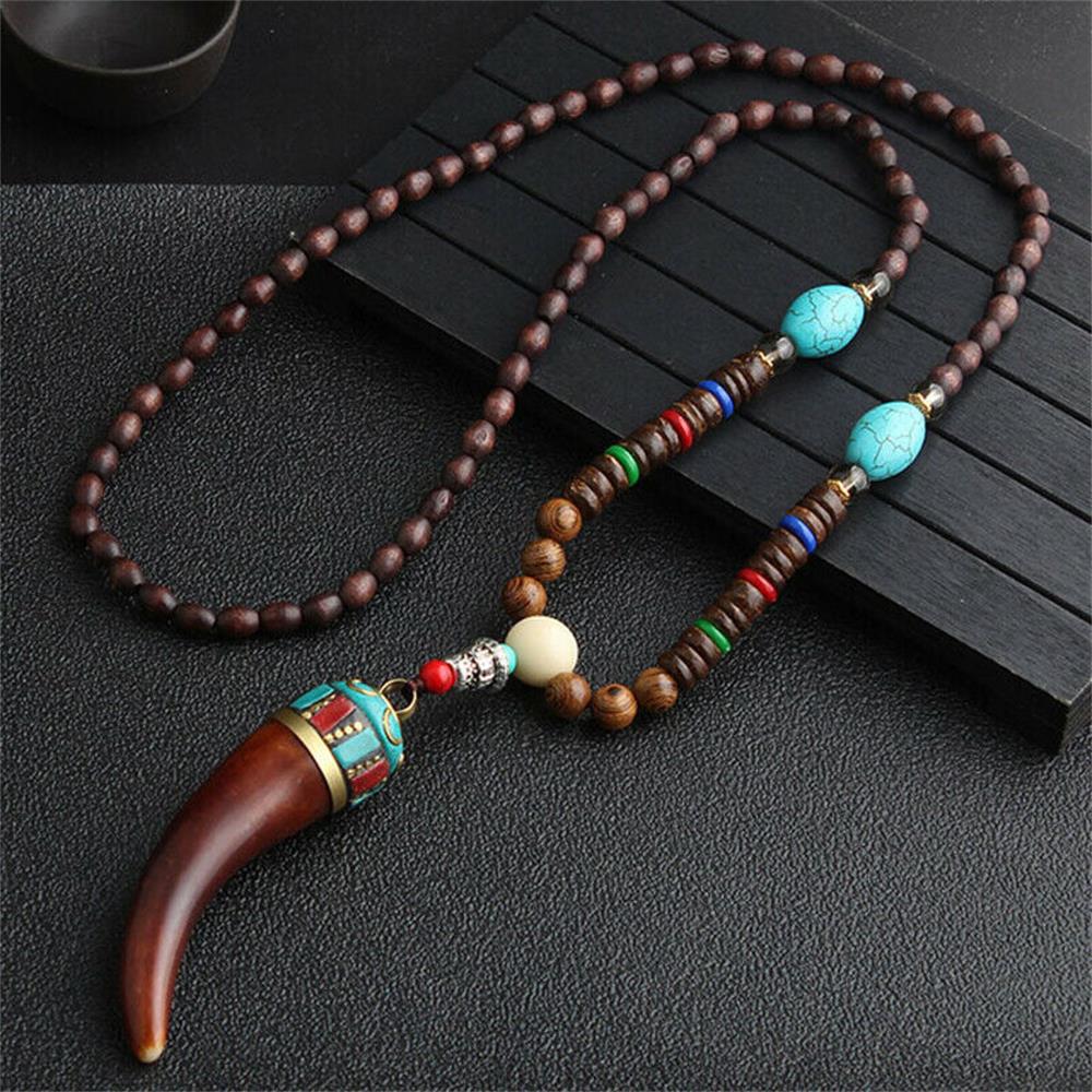 Unisex Handmade Nepal Buddhist Mala Wood Beads Pendant Necklace Boho Hippie Style Ethnic Long Pendant Men Women's Lucky Jewelry