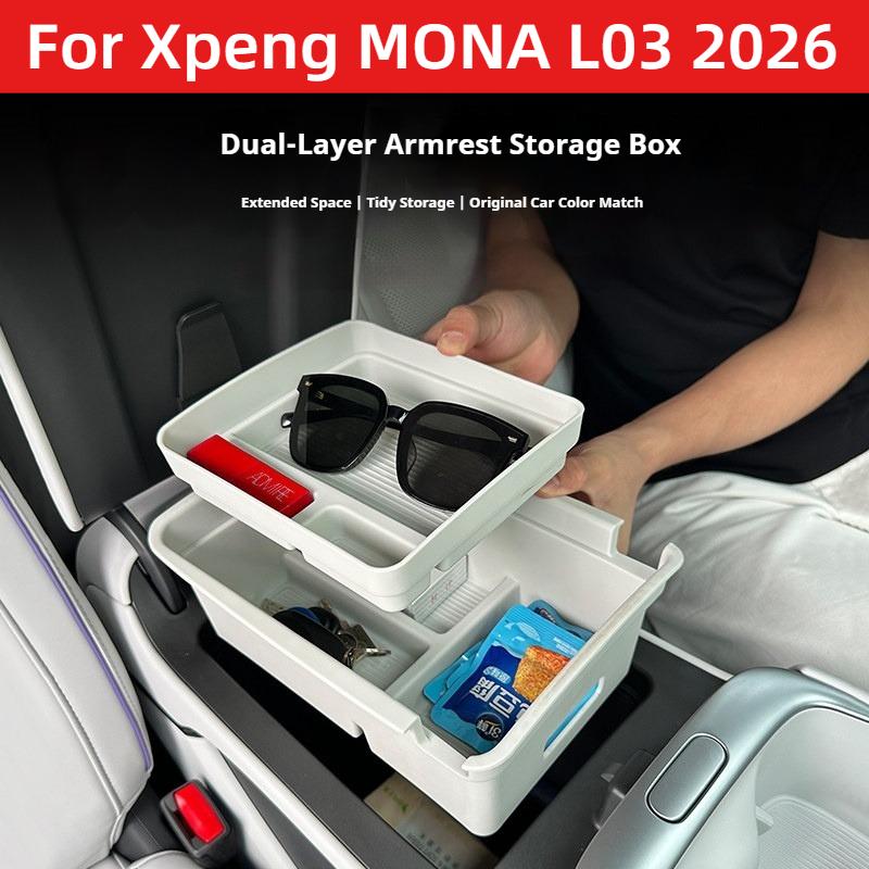 For Xpeng MONA L03 2026 Armrest Storage Box Double‑Layer Organizer Container Interior Stowing Tidying Modified Car Accessories