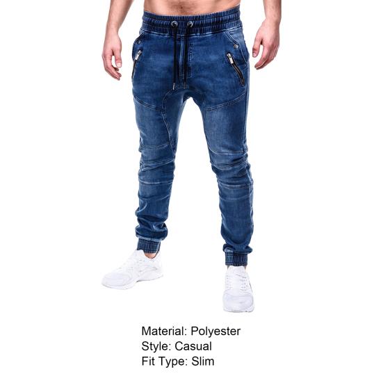 Men Jeans Solid Color Pockets Summer Washable Ankle Tied Denim Pants Streetwear