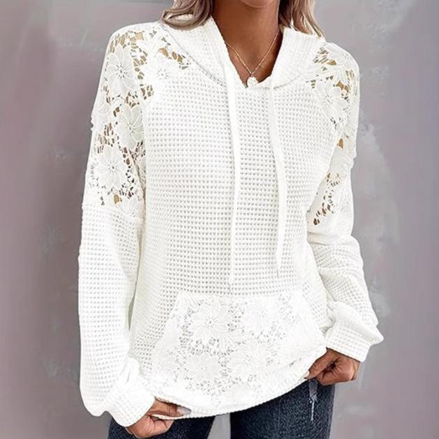 Women's Long Sleeve Lace Patchwork Waffle Knit Hoodie Casual Drawstring Sweatshirt
