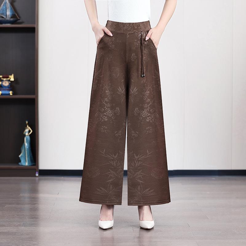 Middle Aged and Elderly Women's Wide Leg Pants Summer Loose Chinese Style Pants Retro Printed Skirt Pants