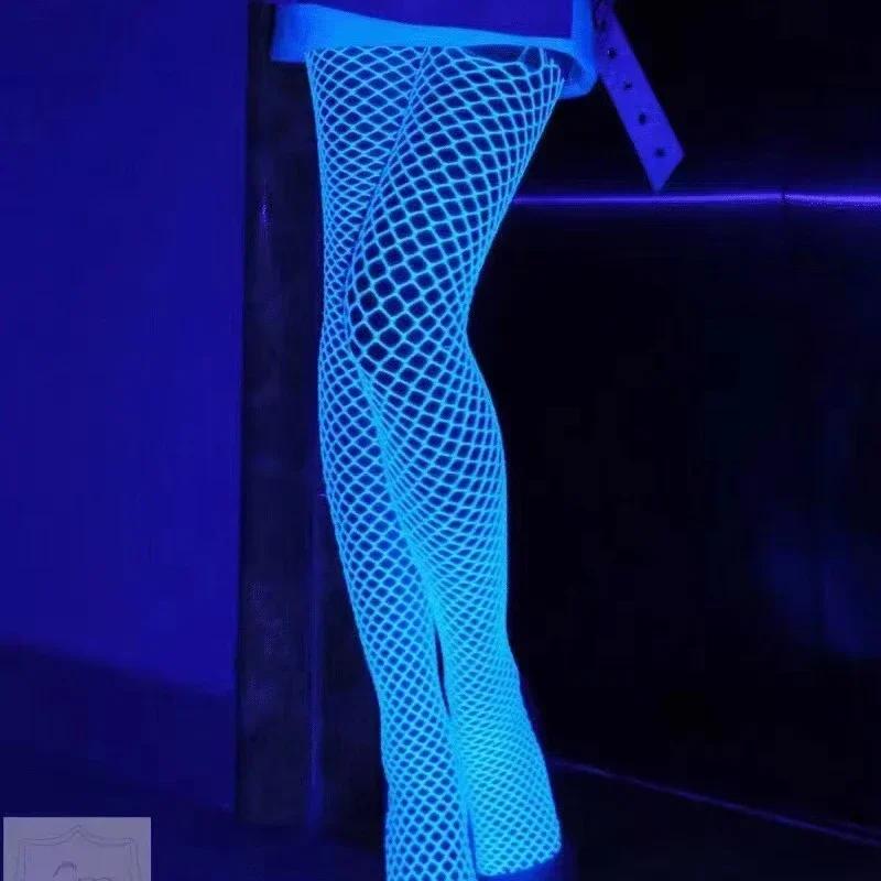 Night Fluorescent Women's Long Socks Fishnet Body Stockings Curve Lingerie Mesh Fabric High Waist Sex Tights Sexy Bodysuits