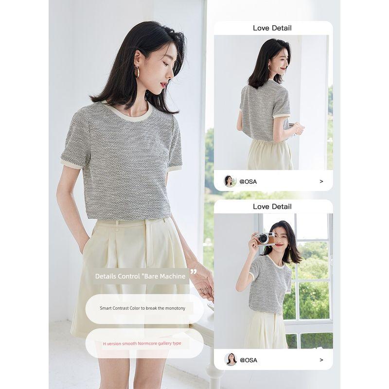 

OSA OSHA Французский стиль Изящный Вязаный с коротким рукавом Женский Летний Новый Контрастный цвет Плечо Тонкий Пуловер Топ Pink 2XL