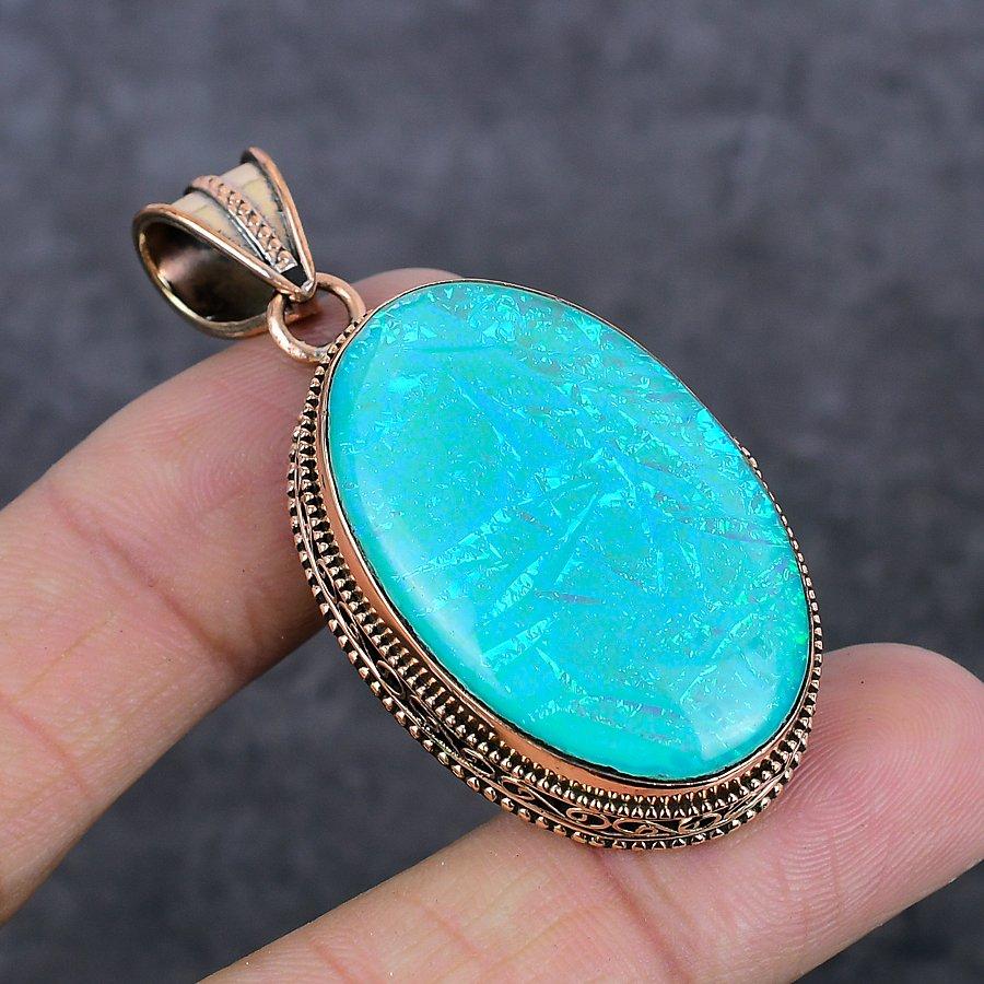 Blue Triplet Opal Gemstone Handmade Copper Jewelry Pendant 2.17" d2U22