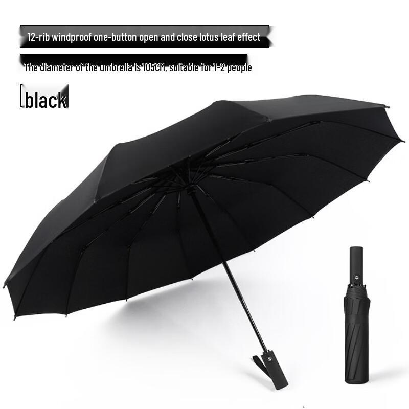 Merry-Fan Automatic 12-Rib Black Sun/Rain Umbrella