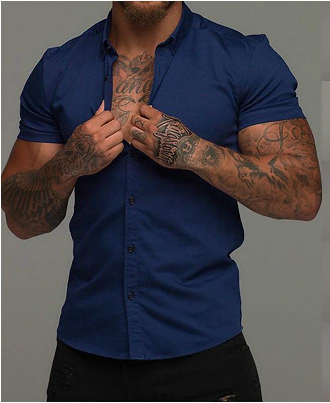 Camicia da Uomo a Maniche Corte in Tinta Unita con Colletto a Revers - Vestibilità Muscolosa