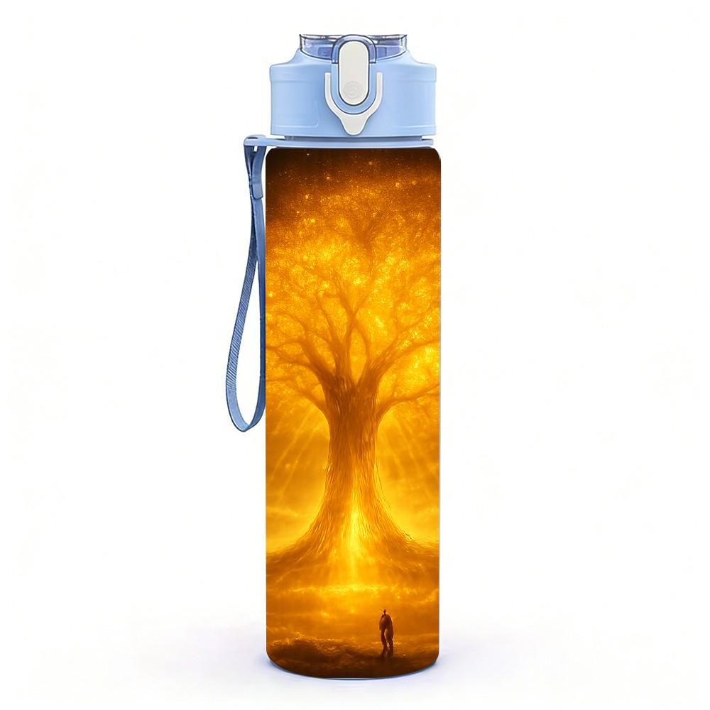 1PC Glowing Golden Tree Sunset Art Print 750ml Color Plastic Sports Water Bottle Leakproof Flip Straw Lid Suitable for Sports Office Home Use