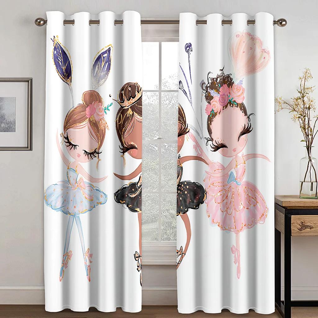 2Panels Pink Princess Dancing Curtains for Kids Girls Bedroom Living Room Window Blinds Floor-to-ceiling Windows Grommet Top