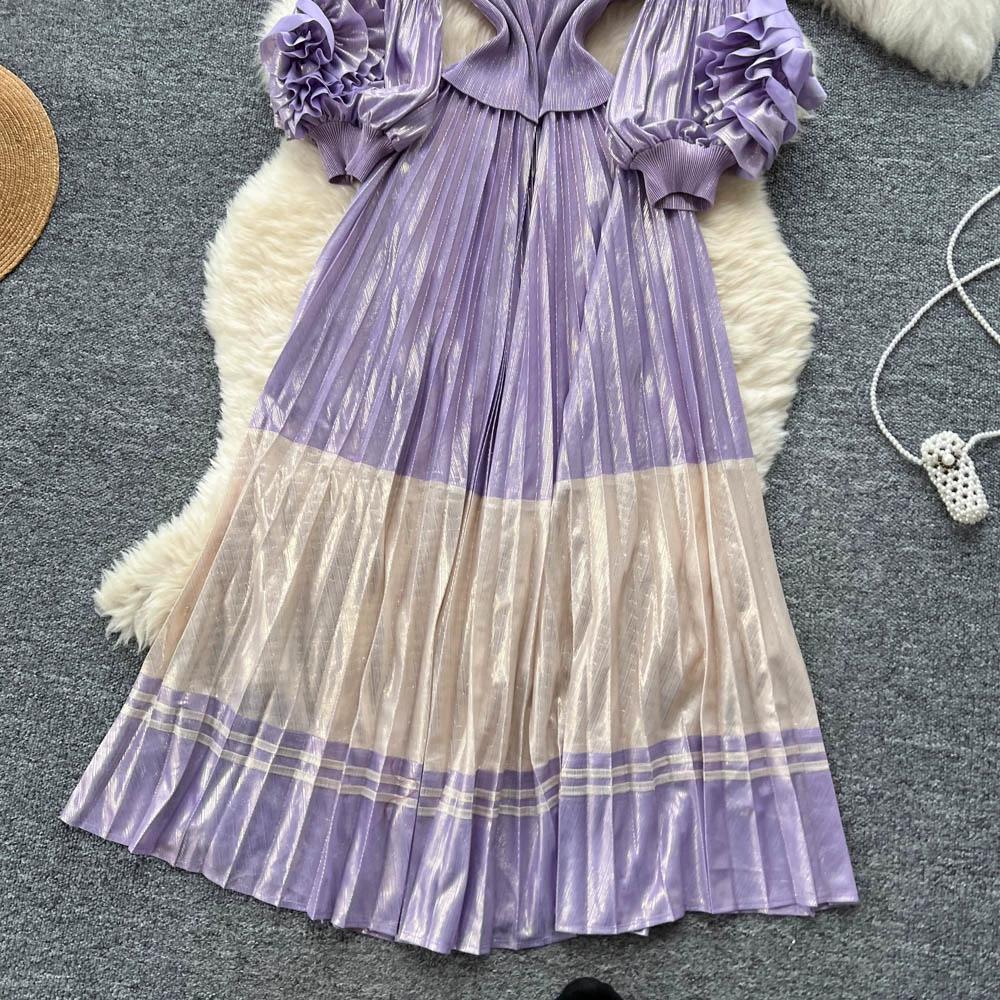 Wiosna Jesień Kobiety Luksus Plus Size Plisy Miyake Kwiat 3D Oversize Luźna Długa Sukienka Maxi Party Plisowana