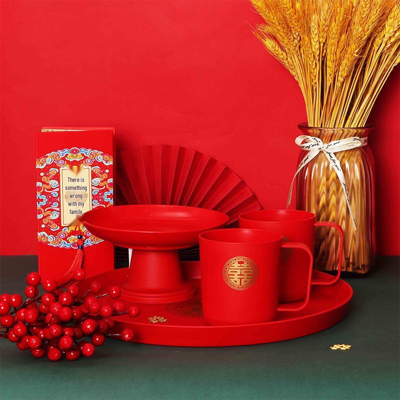 Wedding Toast Rectangular Tray Set: Red Candy and Tea Ceremony Plates for Newlyweds