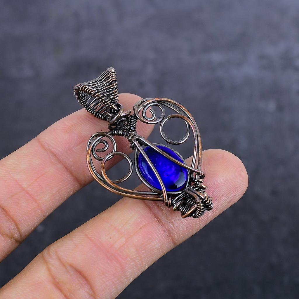 Blue Evil Eye Gemstone Handmade Copper Wire Wrap Jewelry Pendant 1.89" r8O10