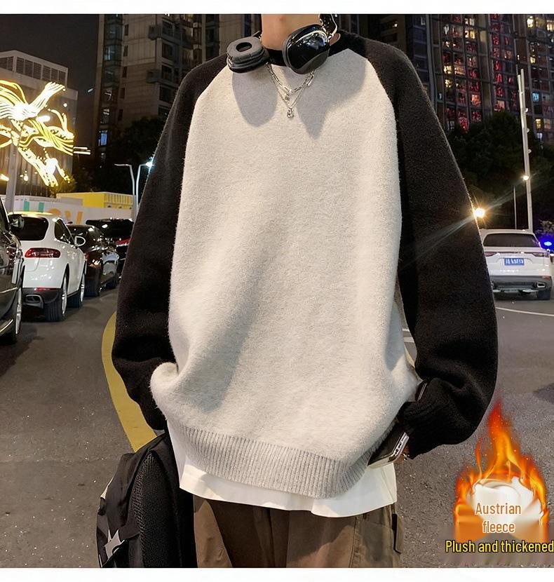 Men's High-End Color Block Heavyweight Cotton Hoodie - Autumn/Winter Style, Casual Loose Fit, Long Sleeve, Velvet Accents.