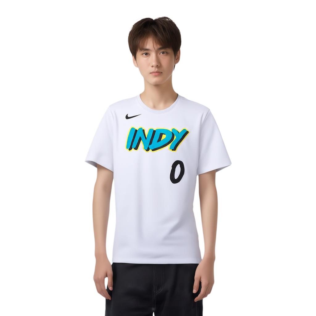 Nike X NBA Kollaboration Indiana Pacers FW24 Tyrese Haliburton Essential City Edition Logo Rundhals Kurzarm T-Shirt Herren Oberteile Weiß HJ2775-101