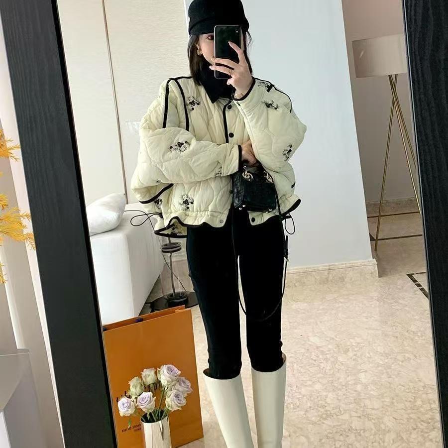 Damen Winter Französisch Bedruckt Verdickt Warm Kurze Jacke