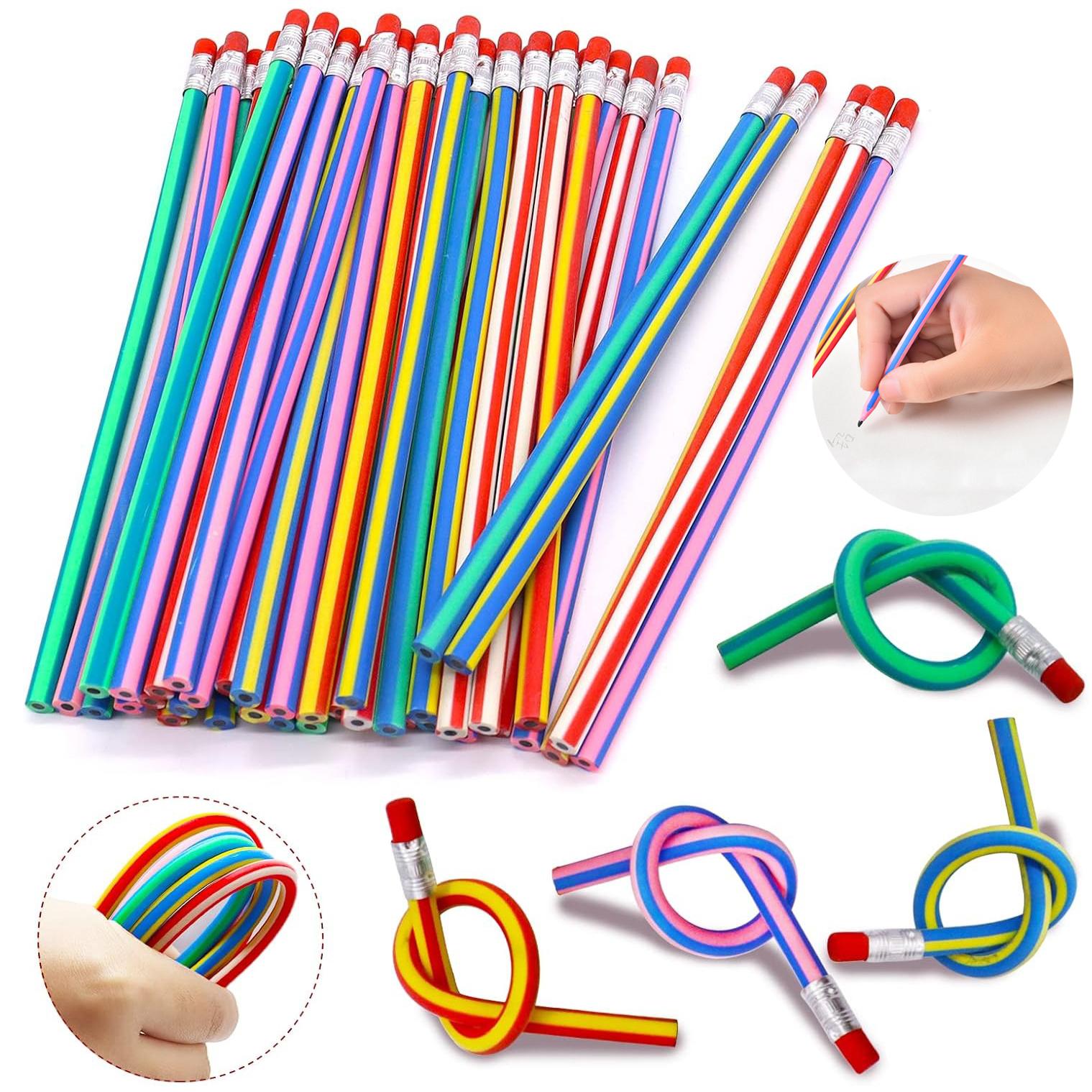 10/20/30/60 Pcs Bendy Fun Pencils for Kids,18CM Magic Bendable Flexible Pencils, Colorful Striped Soft Pencil with Eraser for Classroom Gift 5Pcs